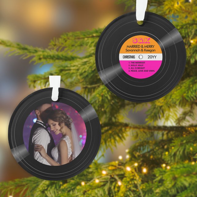 Marred & Merry Vinyl Record Pink Orange Photo Ornament (Vinyl record style Orange & Pink Photo Acrylic Ornament)