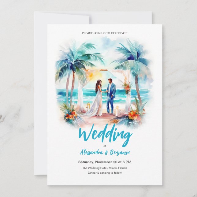 Marriage at the Beach Watercolor Wedding Invitation (Front)