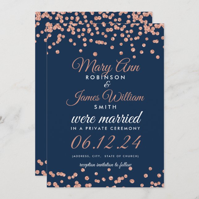 Marriage Elopement Rose Gold Glitter Confetti Navy Invitation (Front/Back)
