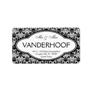Married Address Bold Black White Elegant Damask Label