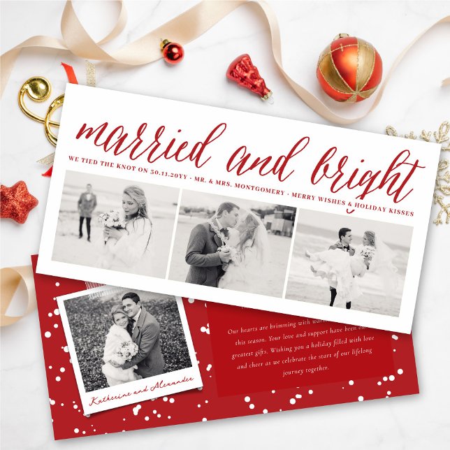 Married And Bright 3 Photo Collage Modern Wedding Holiday Card (Creator Uploaded)