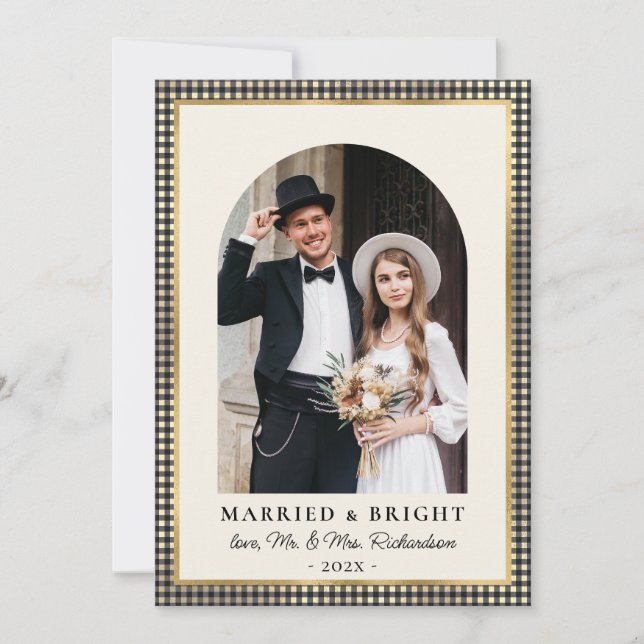 Married and Bright Arch Photo Black Gold Plaid  Holiday Card (Front)