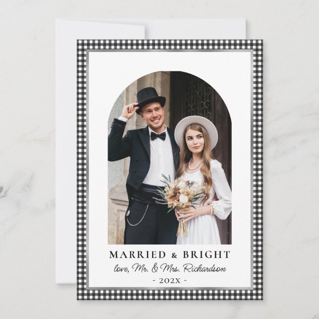 Married and Bright Arch Photo Black White Plaid  Holiday Card (Front)