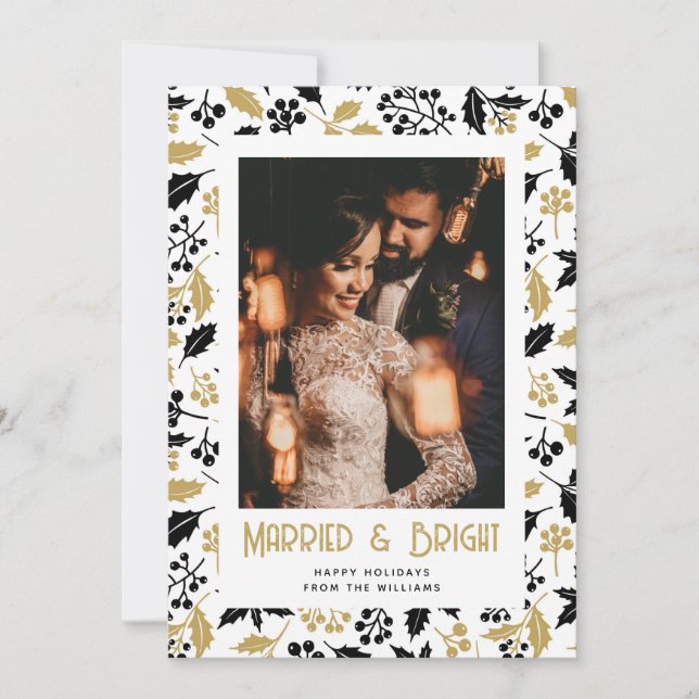 Married and Bright Black Gold Photo Christmas Card (Front)