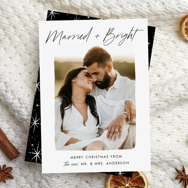 Married and Bright Black Script Photo Holiday Card (Creator Uploaded)