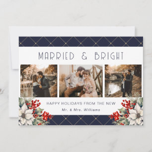 Married And Bright Blue Newlywed 3 Photo Holiday Card