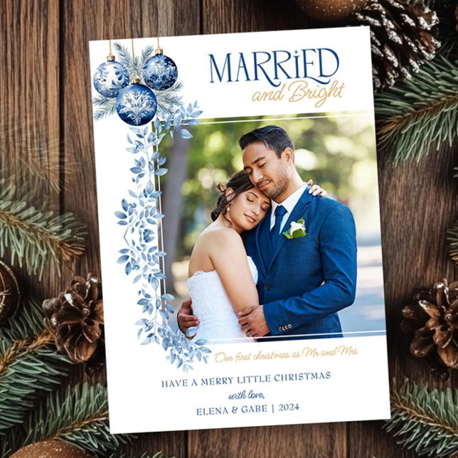 Married and Bright Blue Newlywed Christmas Photo Holiday Card (Married and Bright Christmas Photo Card by Darling & May)