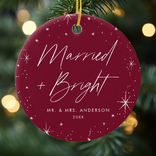 Married and Bright Cranberry Holiday Photo Ceramic Ornament