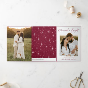 Married and Bright Cranberry Script 4 Photo Tri-Fold Holiday Card