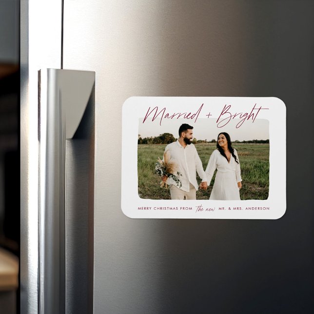 Married and Bright Cranberry Script Photo Magnet (Creator Uploaded)