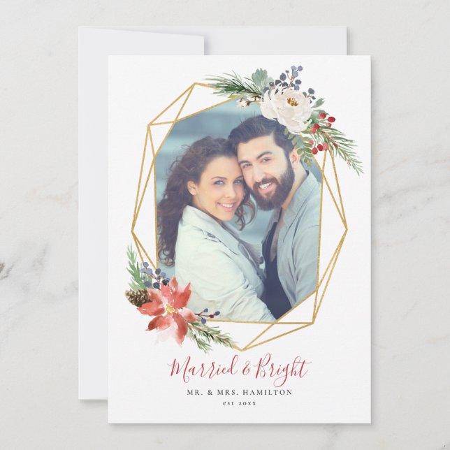 Married and Bright Geometric Photo Christmas Card (Front)