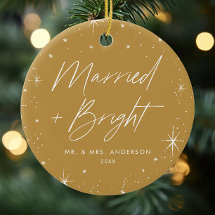 Married and Bright Gold Holiday Photo Ceramic Ornament