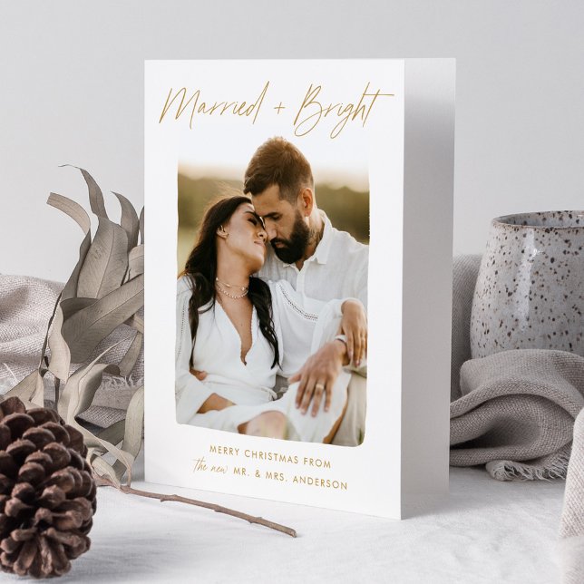 Married and Bright Gold Script Photo Holiday Card (Creator Uploaded)