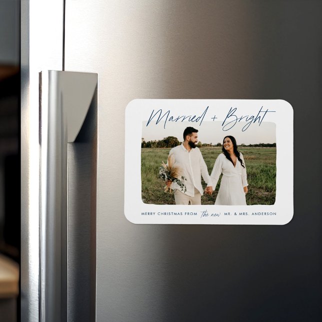 Married and Bright Navy Script Photo Magnet (Creator Uploaded)