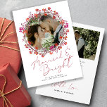 Married and Bright newlywed photo Christmas  Holiday Card<br><div class="desc">Minimalist simple elegant red Married and Bright hand lettered script Christmas holiday wedding newlywed card with a chic holy berry wreath personalised with custom 2 photos,  a pre-printed message,  and signature on both sides.</div>
