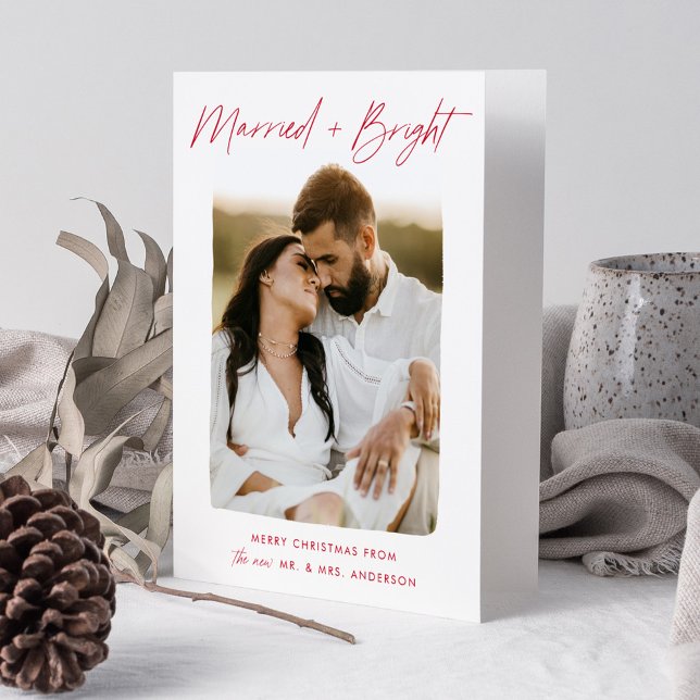 Married and Bright Red Script Photo Holiday Card (Creator Uploaded)