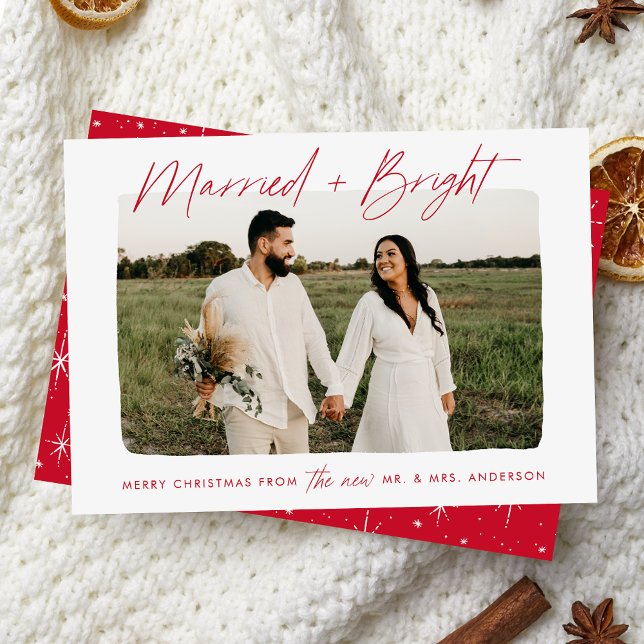 Married and Bright Red Script Photo Holiday Card (Creator Uploaded)