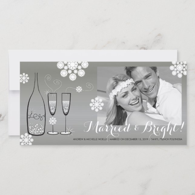 Married And Bright Silver Champagne Photo Wedding Holiday Card (Front)