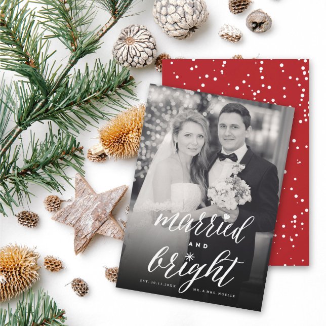 Married And Bright Trendy Typography Photo Wedding Holiday Card (Creator Uploaded)