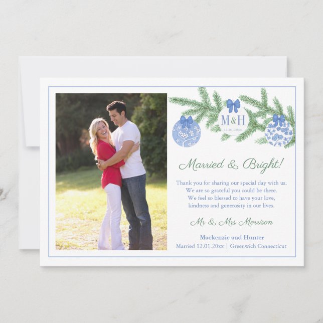 Married And Bright Wedding Thank You Two Photos Holiday Card (Front)