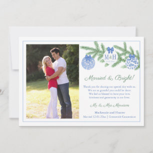 Married And Bright Wedding Thank You Two Photos Holiday Card