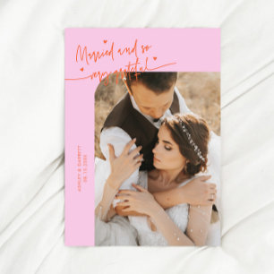 Married and Grateful Wedding Photo Orange Pink Thank You Card