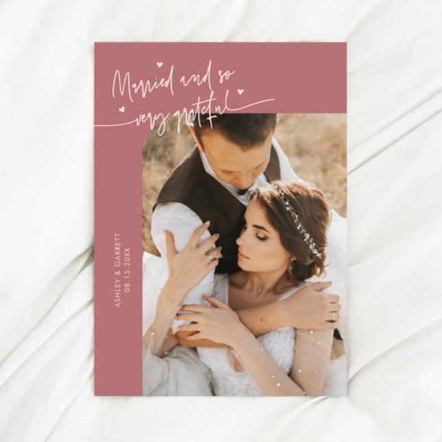 Married and Grateful Wedding Photo Pink Thank You Card (Creator Uploaded)