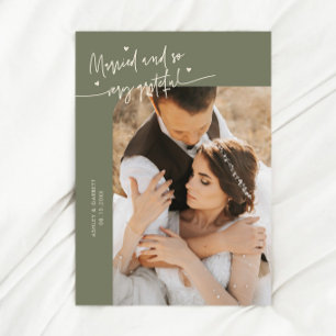 Married and Grateful Wedding Photo Sage Green Thank You Card