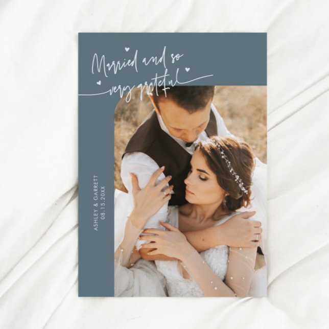 Married and Grateful Wedding Photo Slate Blue Thank You Card (Creator Uploaded)