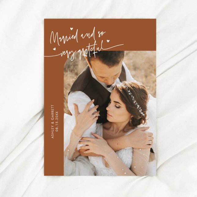 Married and Grateful Wedding Photo Terracotta Thank You Card (Creator Uploaded)