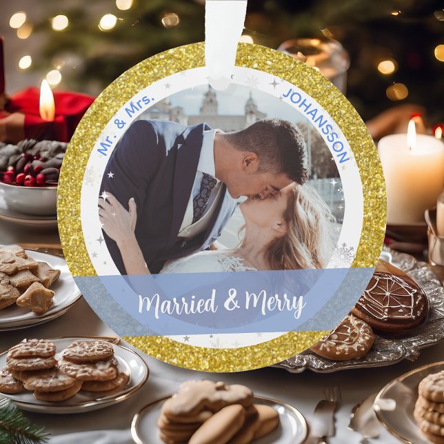 Married and Merry 1st Xmas as Mr and Mrs 2 Photos Ornament (Our First Christmas Together Married & Merry Elegant Golden Glitter Christmas Ornament 2 Photos Snow)