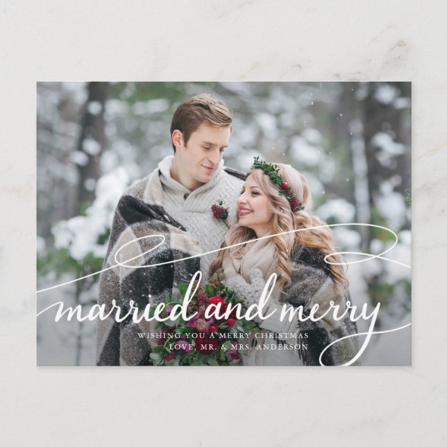 Married and Merry 2 Photo Swirly Script Holiday Postcard (Front)