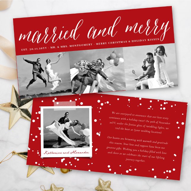 Married And Merry 3 Photo Collage Simple Wedding Holiday Card (Creator Uploaded)