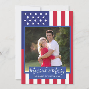 Married and Merry American Flag Patriotic Photo Holiday Card