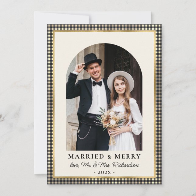 Married and Merry Arch Photo Black Gold Plaid  Holiday Card (Front)
