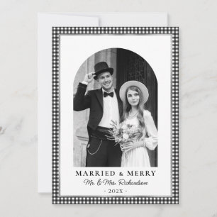Married and Merry Arch Photo Black White Plaid Holiday Card