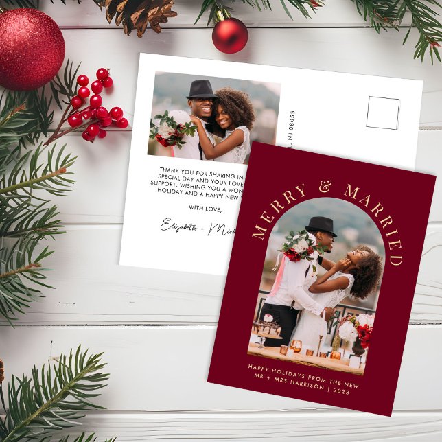Married and Merry Arch Photo Burgundy Christmas Holiday Postcard (Creator Uploaded)