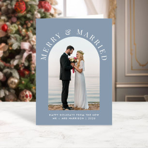 Married And Merry Arch Photo Dusty Blue Christmas Holiday Card