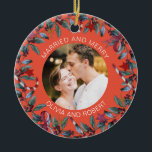 Married and Merry Blush Christmas Wreath Newlyweds Ceramic Ornament<br><div class="desc">Romantic ornament for married couple features beautiful Christmas wreath and a bright blush background. Personalise the template with your names or custom text. You can change the background colour if you like,  just click on "Edit using design tool".</div>