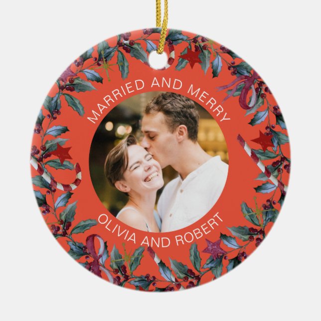 Married and Merry Blush Christmas Wreath Newlyweds Ceramic Ornament (Front)