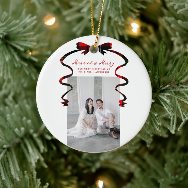 Married and Merry Bow Photo Christmas Newlyweds Ceramic Ornament (Tree)