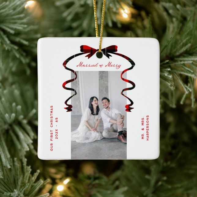 Married and Merry Bow Photo Christmas Newlyweds Ceramic Ornament (Tree)