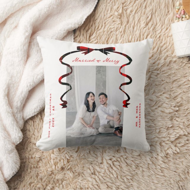 Married and Merry Bow Photo Christmas Newlyweds Cushion (Blanket)