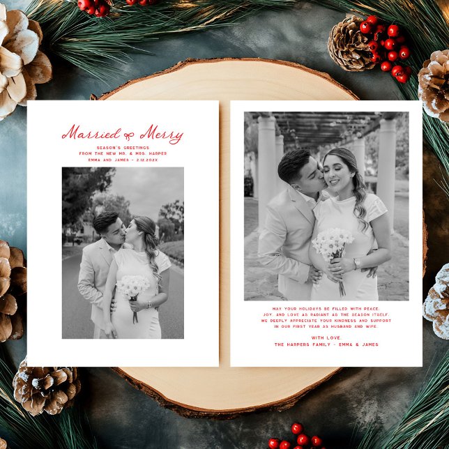 Married and Merry Bow Photo Christmas Newlyweds Holiday Card (Creator Uploaded)