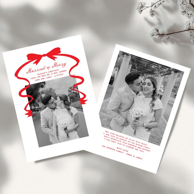 Married and Merry Bow Photo Christmas Newlyweds Holiday Card (Creator Uploaded)
