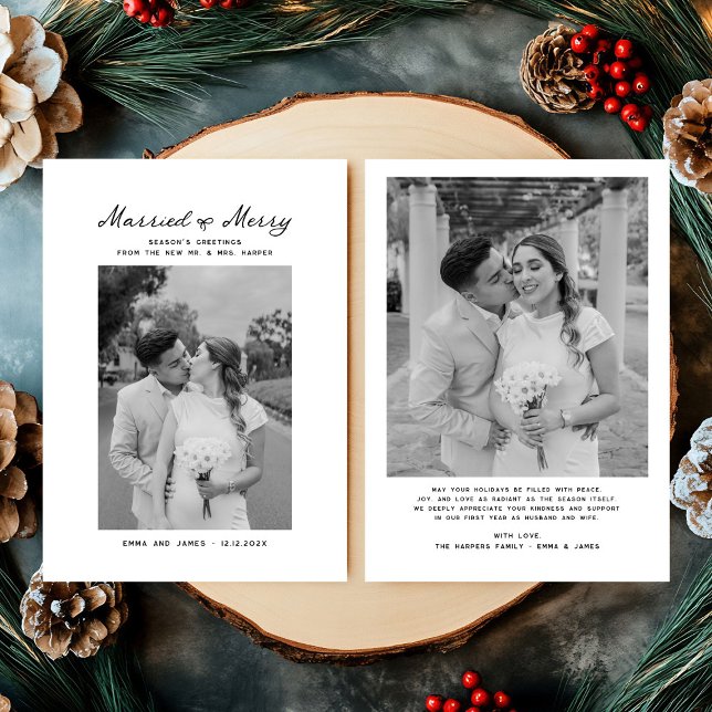Married and Merry Bow Photo Christmas Newlyweds Holiday Card (Creator Uploaded)