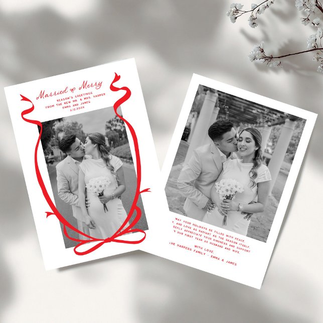 Married and Merry Bow Photo Christmas Newlyweds Holiday Card (Creator Uploaded)