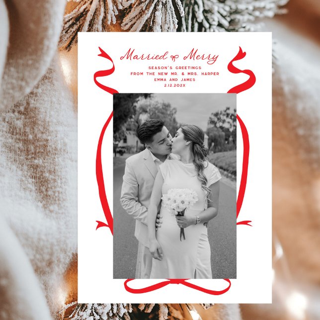 Married and Merry Bow Photo Christmas Newlyweds Holiday Card (Creator Uploaded)