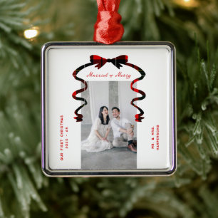 Married and Merry Bow Photo Christmas Newlyweds Metal Ornament