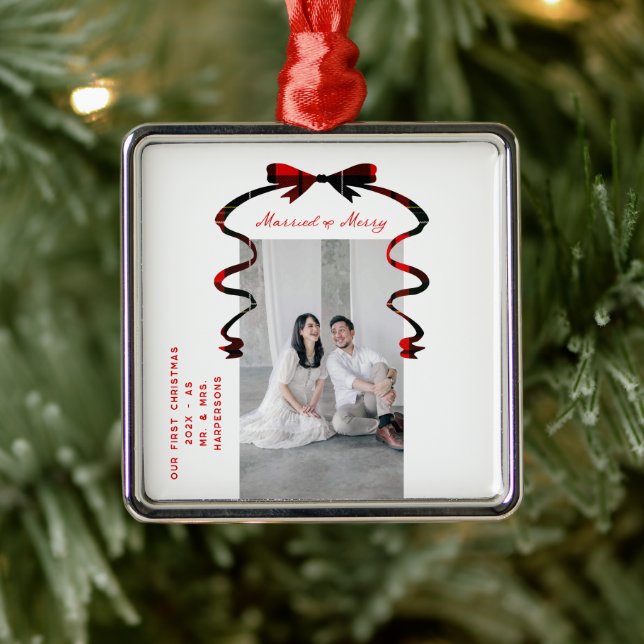 Married and Merry Bow Photo Christmas Newlyweds Metal Ornament (Tree)